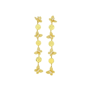 18k gold plated long dangle earrings featuring pave butterfly and textured disc motifs.
