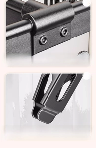 Detail of reinforced metal hinge and smooth clips on a durable black drying rack