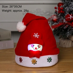 LED light-up Christmas hat with cartoon snowman pattern in red and white fabric