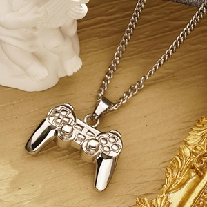 Retro gaming controller pendant necklace in polished titanium steel for men and women