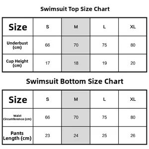 Gedetailleerde maattabel voor tweedelige colorblock bikini met afmetingen van S tot XL