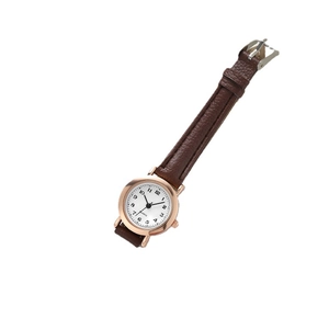 Classic quartz watch with brown leather strap and rose gold case on white background