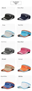 Detailed view of lightweight mesh sun visors in ten colors with sport logo embroidery