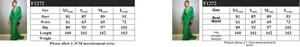 Detailed size chart for long sleeve pleated dress showing bust, waist, and hip measurements