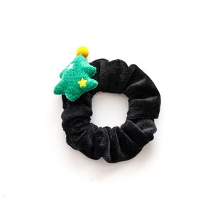 Black velvet hair scrunchie with cute plush green Christmas tree and yellow star