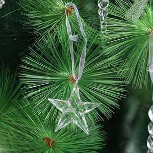 Clear acrylic star pendant hanging on a Christmas tree branch for festive holiday decor