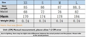 Size chart for floral midi skirt set detailing waist and length in XS to L measurements