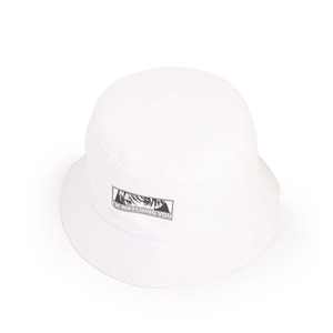 Close-up of white bucket hat featuring anime eye patch and I'M WATCHING YOU slogan