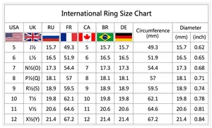 International ring size chart for women's zirconia wedding rings with multi-country data