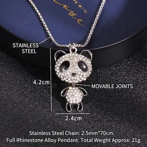 Sparkling cute panda pendant necklace in silver stainless steel with moveable body detail