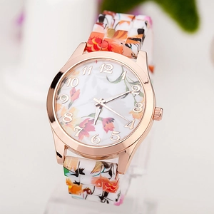 Classic women's rose gold watch with floral print dial and matching printed strap