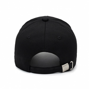 Adjustable black cotton baseball cap with mesh texture and silver metal buckle rear view