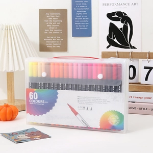 Set of 60 colors dual tip watercolor markers in a portable clear case for drawing