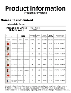 Detailed size specifications and weight table for various resin Christmas ornaments