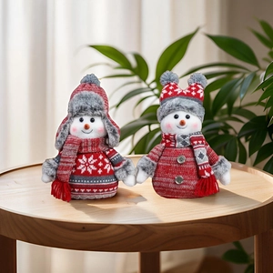 Adorable red and grey knitted snowman plush dolls for Christmas home and window decor