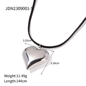 Detail of silver heart pendant with 144cm black cord including size and weight specs