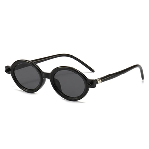 Retro oval sunglasses with thick black frames and silver hinge details shown at 45 degrees