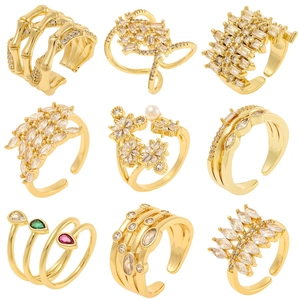 Women Fashion Adjustable Ring Gold Plated Copper Micro Pave Zircon Retro Trendy Finger Jewelry Gift