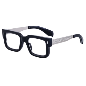 Classic square black acetate glasses with engraved silver metal temples in 45-degree view
