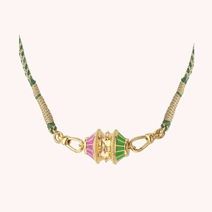 18K gold plated twist necklace with pink and green enamel pendant on a green cord