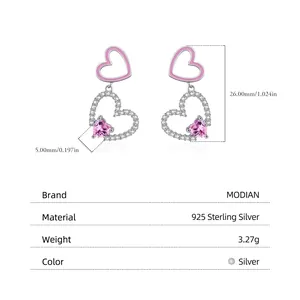 Orecchini a pendente a doppio cuore in argento 925 con smalto rosa e cristalli lucenti