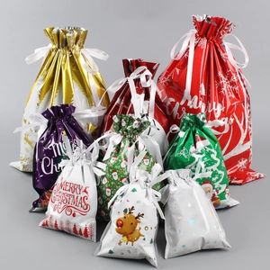 Christmas Gift Bags Plastic Drawstring Ribbon Bags Festive Reindeer Santa Snowman Patterns For Candy Treats Party Favors Waterproof Gift Wrapping