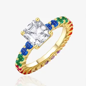 925 Sterling Silver Asscher Cut Zirconia Rainbow Pave Ring For Women Gold Silver Plated Square Stone Fashion Jewelry Ring