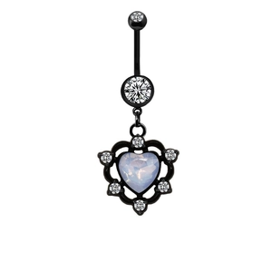 Piercing de nombril noir avec lune et pendentif cœur en opale orné de petits strass