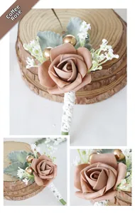 Close-up of a handmade mocha rose boutonniere with gold beads and white lace wrap