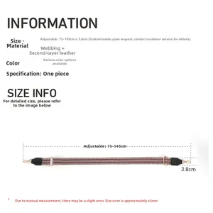Detailed size specification chart for adjustable 3.8cm striped webbing bag shoulder strap