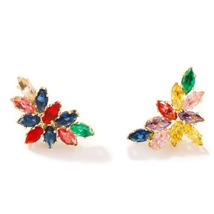 Elegant gold leaf earrings with colorful marquise-cut crystals in a floral cluster