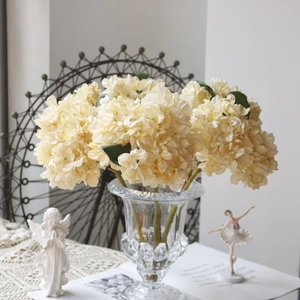 Macro shot of vintage cream hydrangeas in a glass vase with elegant decor accents