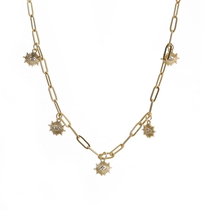 Détail du collier chaîne trombone dorée avec pendentifs œil protecteur et zircons clairs