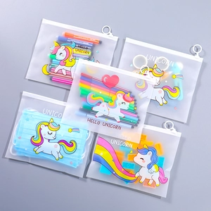 Clear unicorn cartoon zipper bags for stationery and face mask storage with ring pull