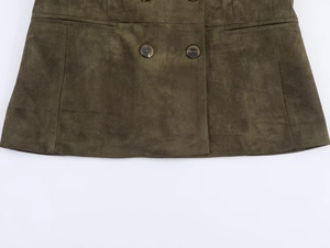 Close-up of olive green suede jacket featuring double-breasted buttons and flap pockets