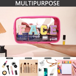 Multipurpose pink PVC pouch with FACE embroidery and functional storage sections