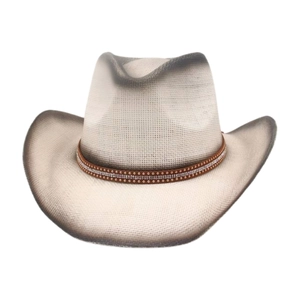 Cream western cowboy straw hat with gradient edges and rhinestone studded brown leather band