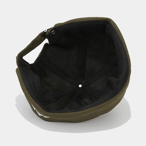 Army green miki hat with embroidered mountain peak, six-panel interior and adjustable strap