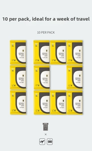 Travel pack of 10 disposable toilet seat covers in compact independent yellow packaging