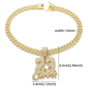 Iced out number 23 pendant necklace with gold cuban link chain for hip hop style