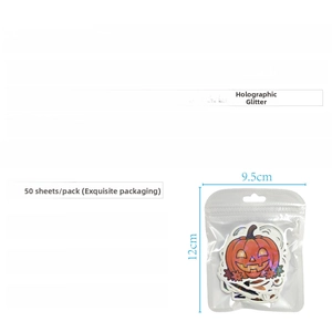 Detailed holographic Halloween vinyl sticker pack specs with packaging and waterproof features