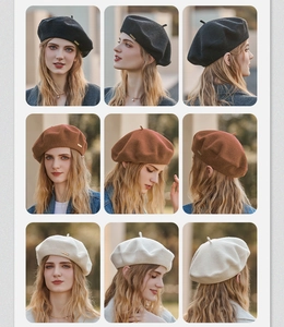 Detail view of wool beret showing black brown and beige colors from multiple angles