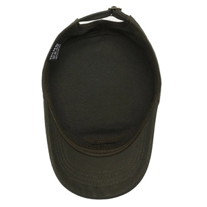 Men's olive cotton military flat top hat with adjustable buckle and size label