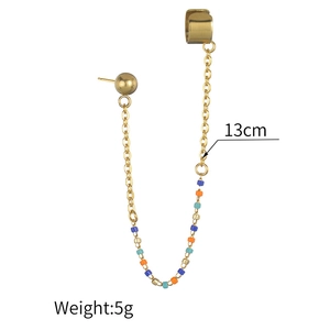 Detail view of 13cm gold-tone earring chain with colorful blue and green beads