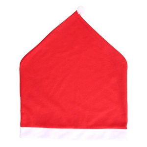 Red Christmas hat chair cover with white fleece trim and decorative pompom for dining decor