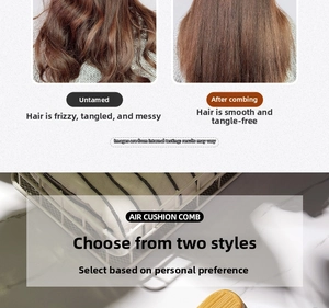 Close-up of bamboo air cushion brush showing hair detangling and smoothing results