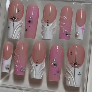 Press On Nails Long Coffin Shape ABS Plastic French Gradient Nude Pink White 3D Wave Texture Artificial Pearl Rhinestone Star Art