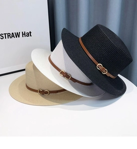 Three-color straw hats featuring elegant leather bands and gold-toned metal buckles