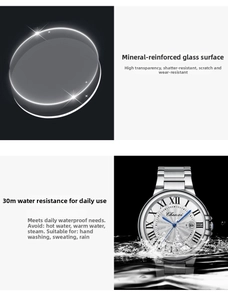 Detail of waterproof quartz watch with mineral glass mirror and luminous roman dial