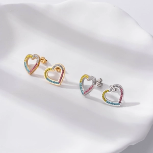Hollow Heart Stud Earrings Stainless Steel With Colorful Zircon Inlaid Simple Elegant Fashion Jewelry For Women